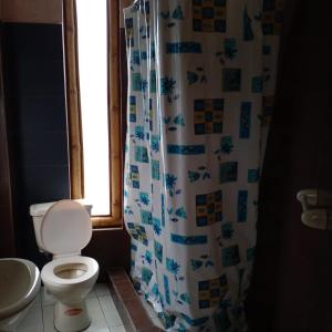 Un baño con inodoro y cortina de ducha. en CASA JUANA DE ORO, en Baños