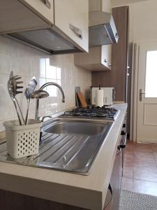 uma cozinha com um lavatório de aço inoxidável e um fogão em AT HOME IN CREMONA em Cremona