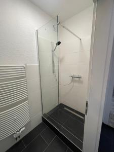 Zimmervermietung Am Airport في بريمين: دش مع باب زجاجي في الحمام
