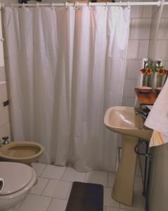 ein Badezimmer mit einem Duschvorhang, einem WC und einem Waschbecken in der Unterkunft Tiempo de Paz in Guaymallen