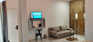 uma sala de estar com um sofá e uma televisão na parede em La VIA des Etangs em Peyriac-de-Mer