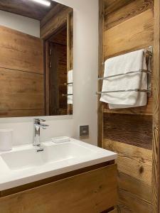 Un baño con un lavabo blanco y un espejo. en Le Lodge de Molanes - Pra Loup 1500, en Pra-Loup