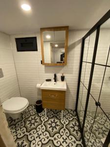 a bathroom with a sink and a toilet and a mirror at Alican İzba House in Cıralı