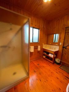 a bathroom with a shower and a sink at Hedlow Retreat in Barmoya