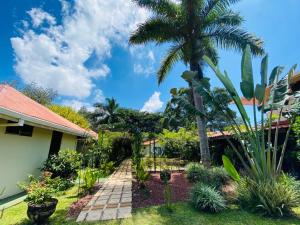 a garden with a palm tree and a house at Hotel Villas de la Colina in Atenas