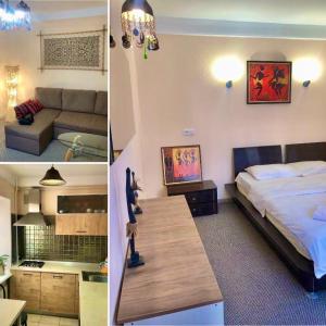 twee foto's van een slaapkamer met een bed en een woonkamer bij Kyiv apartment on Starokyivskaya lane 5 in Kiev