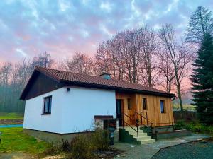 a small white house with a brown roof at Chalupa 96 in Víchová nad Jizerou