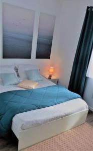 Schlafzimmer mit einem Bett mit blauer Bettwäsche und einem Fenster in der Unterkunft L'Escale n°5 in Tartas