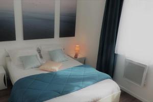 ein Schlafzimmer mit einem Bett mit einer blauen Decke darauf in der Unterkunft L'Escale n°5 in Tartas
