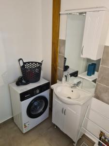 een badkamer met een wasmachine en een wastafel bij Bung-hello Village,Petit Bungalow confortable avec jacuzzi in Trois-Rivières
