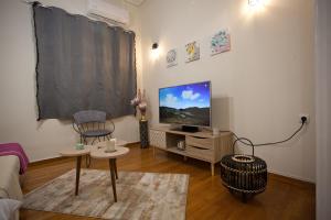 salon z telewizorem z płaskim ekranem na ścianie w obiekcie Lovely Nest Piraeus w Pireusie