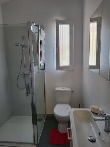 uma casa de banho com um WC, um chuveiro e um lavatório. em Lou Palmieri em Marselha