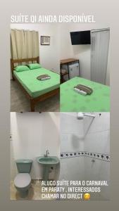 a collage of three pictures of a bathroom with a toilet and a sink at Quarto com entrada independente in Paraty