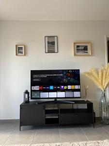 TV de pantalla plana en la parte superior de un centro de entretenimiento negro en Résidence Valberg L'Horizon, en Péone