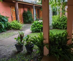 a garden with plants in pots next to a building at Residencial Solar Três in Imbé