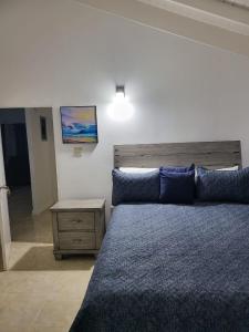 1 dormitorio con cama azul y mesita de noche en Chamrick's Palace, en The Rock