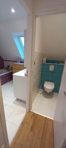 a bathroom with a toilet and a tub and a sink at Les villégiatures de Muse in Saint-Marcouf