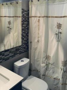 a bathroom with a toilet and a shower curtain at 2 Poniente con 3 Norte HERMOSOS Departamentos in Viña del Mar
