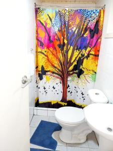 安庫德的住宿－Cabañas Don Peto，浴室设有色彩缤纷的淋浴帘和卫生间
