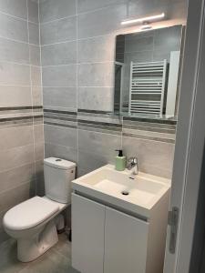 a bathroom with a toilet and a sink and a mirror at Appart cocoon, résidence A.T.F in Aulnay-sous-Bois
