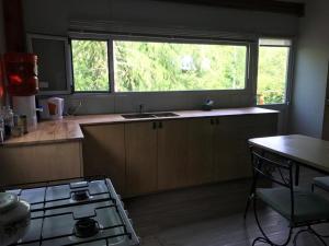 cocina con fogones, fregadero y ventana en Casa en el Delta de Tigre en Tigre