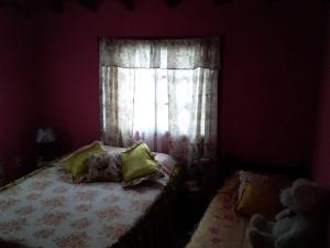 Un dormitorio con una cama con almohadas amarillas y una ventana en mi sueño, en Punta del Diablo