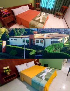 two pictures of a bedroom with a bed and a train at Motel Montecarlo in Teo
