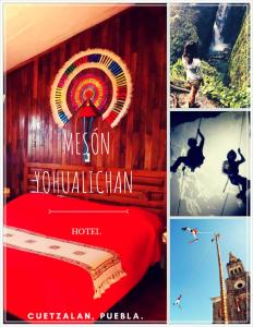 un collage de fotos de un hotel con cama roja en Meson Yohualichan, en Cuetzalán del Progreso