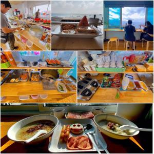 een collage van foto's van een keuken met eten bij Baan Tipsukon in Ko Larn