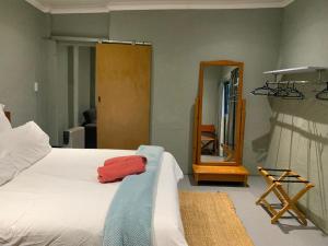 - une chambre avec un lit blanc et un miroir dans l'établissement Whinstone Farm, à Greytown