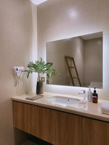 La salle de bains est pourvue d'un lavabo et d'un grand miroir. dans l'établissement Gunita Villas, à Santo Tomas