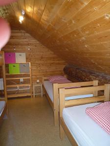a room with two bunk beds in a wooden cabin at Jugendherberge Hospental in Hospental