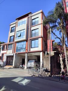 un bâtiment sur le côté d'une rue avec un palmier dans l'établissement Valiha Hotel Antananarivo, à Antananarivo