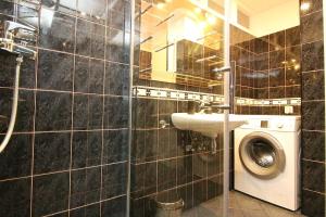 une salle de bains avec lave-linge et lavabo dans l'établissement Tallinn City Apartments Luxury 4 bedroom with terrace and sauna, à Tallinn 17 autres photos