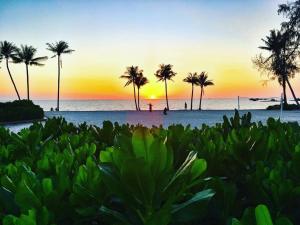 um pôr-do-sol numa praia com palmeiras em Kalia Hotel em Duong Dong