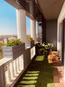 Woodlands Apartment- Fully furnished Luxury Apt في جودبور: شرفة مع نباتات الفخار على المنزل