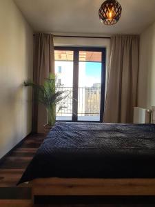 um quarto com uma cama e uma grande janela em Copper Apartment Free Parking em Breslávia