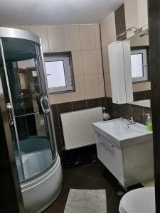 łazienka z umywalką, wanną i toaletą w obiekcie Apartament Mariuca w mieście Gura Humorului