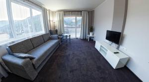 sala de estar con sofá y TV en Rakhiv Hotel & Apartments, en Rakhiv