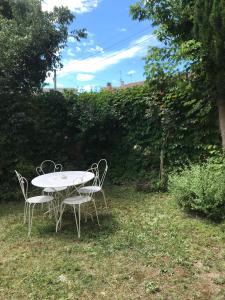 een tafel en stoelen in het gras bij location studio meublé avec jardin in Sorgues