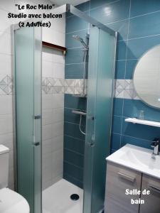a bathroom with a glass shower with a toilet and a sink at Résidence La Hoguette in Saint Malo