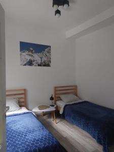 a bedroom with two beds and a picture on the wall at Apartamenty Kaskada in Miedzygorze