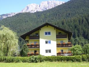 ein gelbes Gebäude mit Balkonen vor einem Berg in der Unterkunft Ferienwohnungen/Holiday Apartments Lederer in Reisach