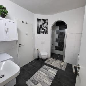 uma casa de banho com um chuveiro, um WC e um lavatório. em Ferienwohnung NR3 em Grossräschen
