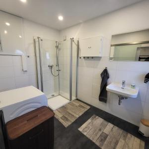 een badkamer met een douche en een wastafel bij Ferienwohnung NR2 in Großräschen