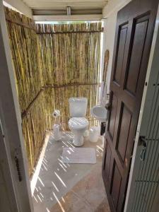 a bathroom with a toilet and a sink at Cottage On the Beach in Umdloti