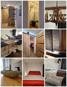 een collage van foto's van een kamer met meubilair bij FeWo's und Apartment's Schöneck in Davos