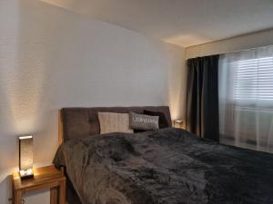 Un dormitorio con una cama grande y una ventana en FeWo's und Apartment's Schöneck en Davos