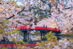 een rode brug over een rivier met kersenbomen bij Hotel Jogakura in Aomori