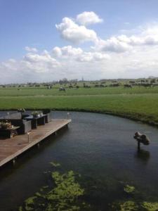 Prive jacuzzi cows dairyfarm relaxing sleeping في Hitzum: جسر فوق نهر مع صليب في الماء